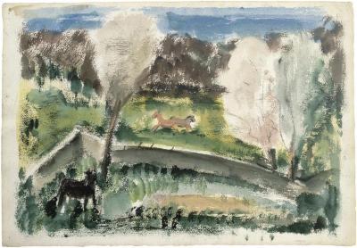 [Landscape with horses and cow]