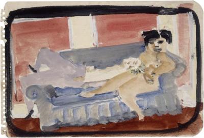 [Reclining man and nude female on blue sofa]