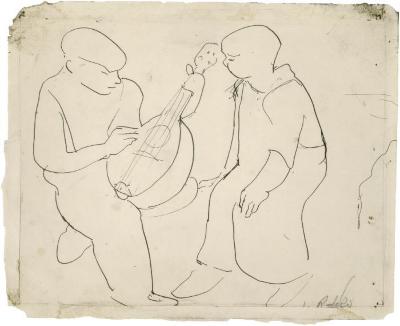 [Two seated boys, one with mandolin]