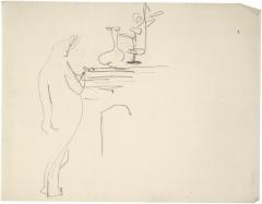 [Female nude standing at mantel]