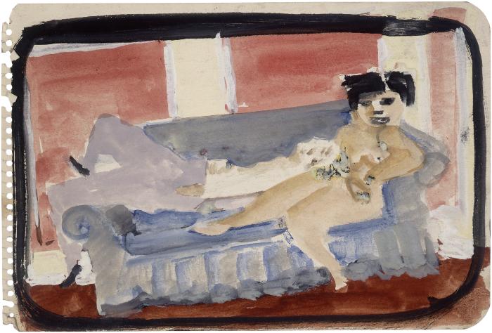 [Reclining man and nude female on blue sofa]
