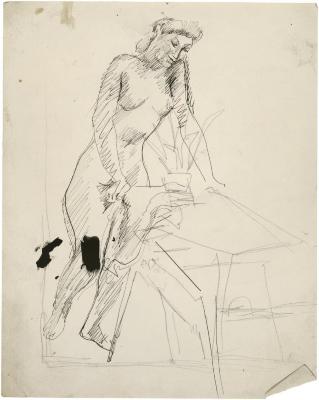 [Female nude by table]