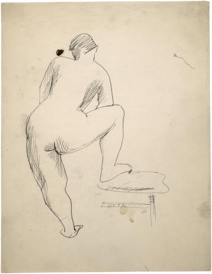 [Standing female nude with foot on chair]