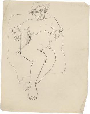 [Female nude in armchair]