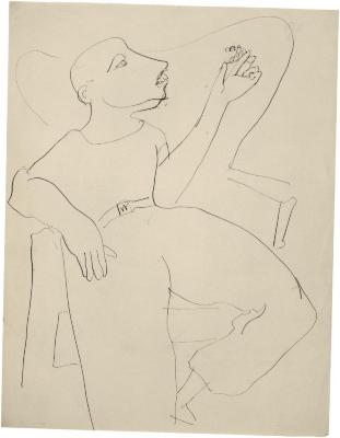 [Man in wingback chair holding dental prosthetic]