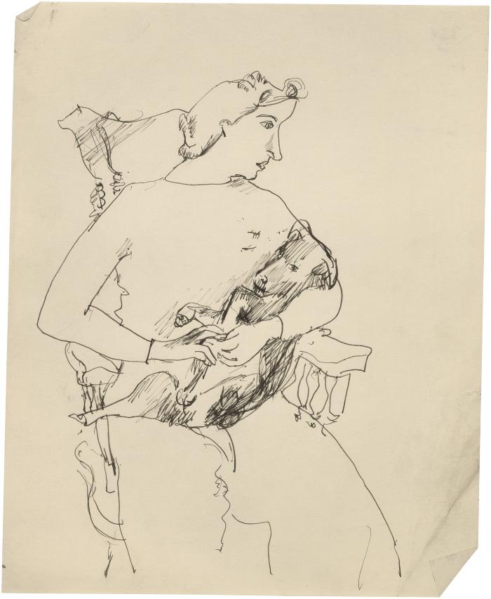 [Woman in rocking chair holding dog]