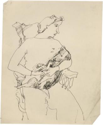 [Woman in rocking chair holding dog]