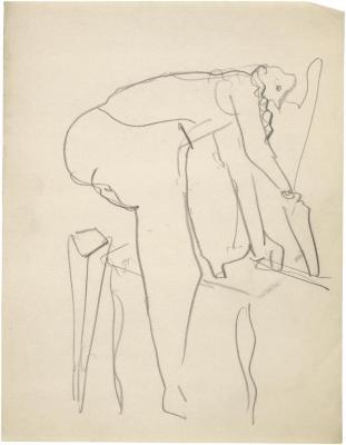 [Bending woman sawing]