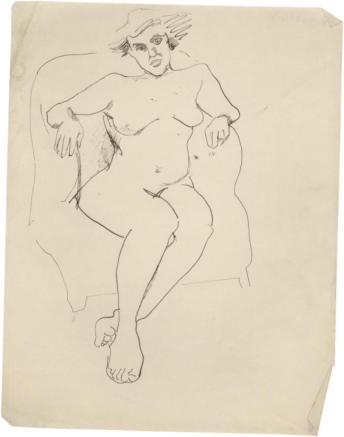 [Female nude in armchair]