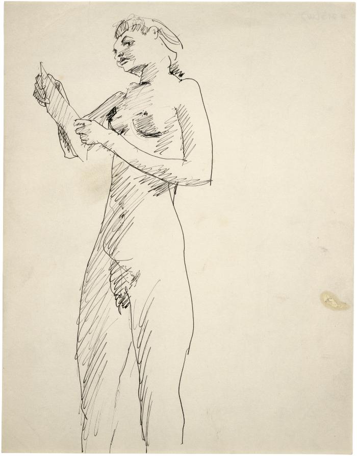 [Standing female nude reading]