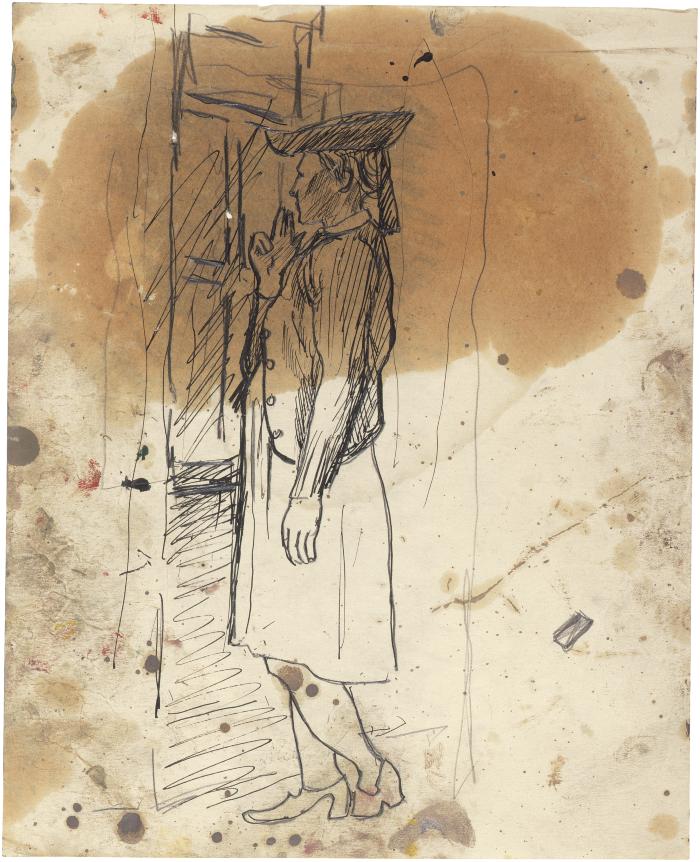 [Woman standing by window]