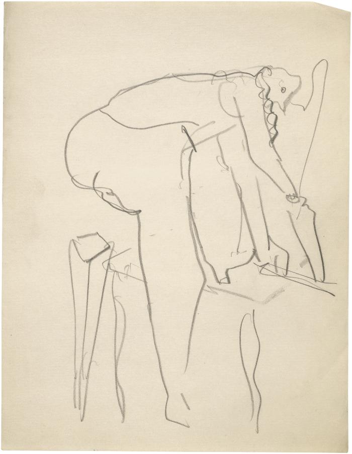 [Bending woman sawing]