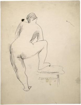 [Standing female nude with foot on chair]