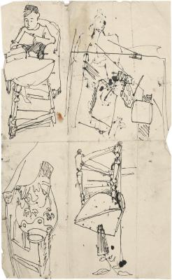 [Seated girl reading / painting materials on table / vase on table / vase]