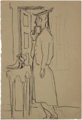 [Woman standing by window]