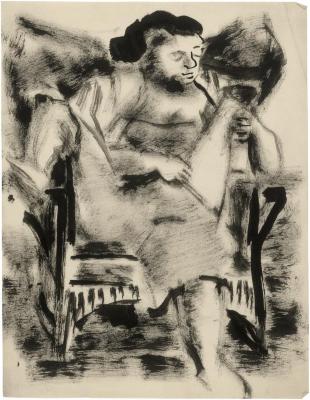 [Seated woman in wingback rocking chair reading]