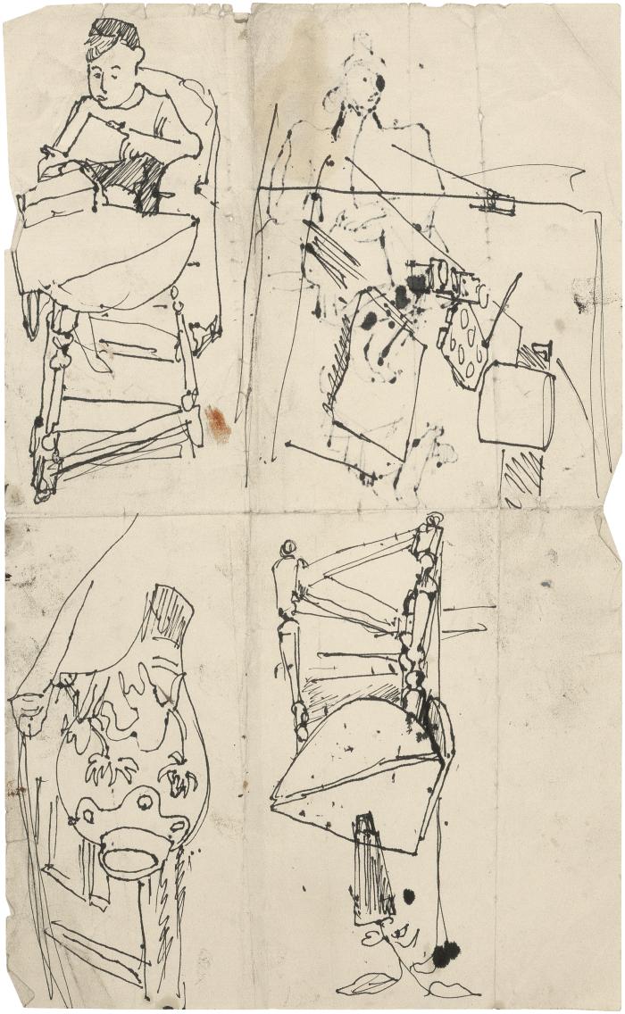 [Seated girl reading / painting materials on table / vase on table / vase]