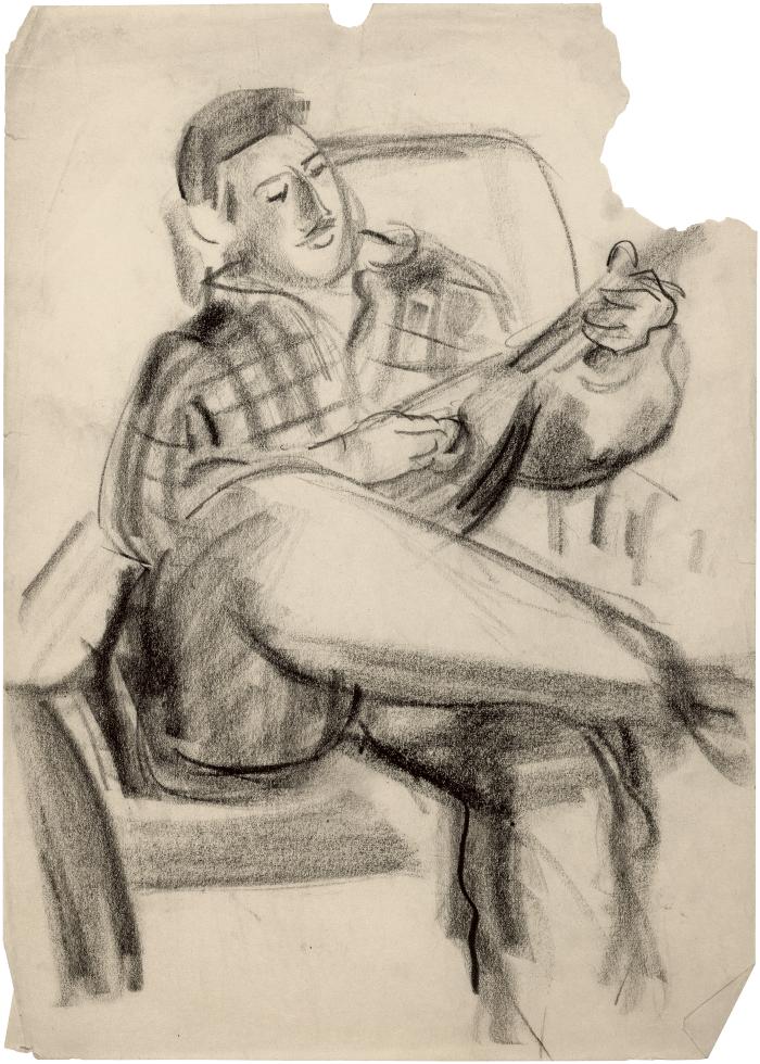 [Man in chair playing mandolin]