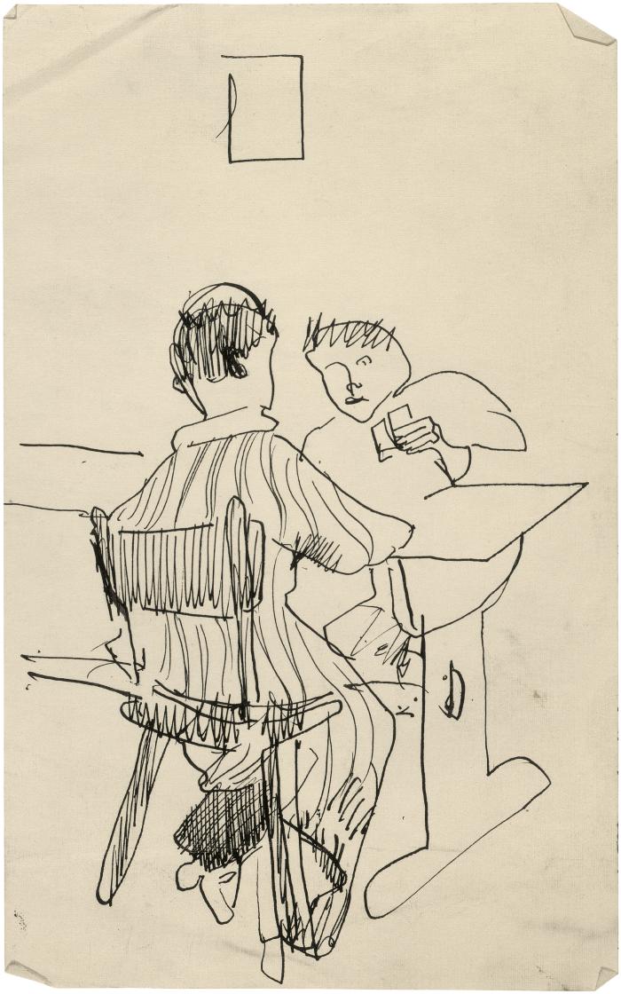 [Two figures at table]