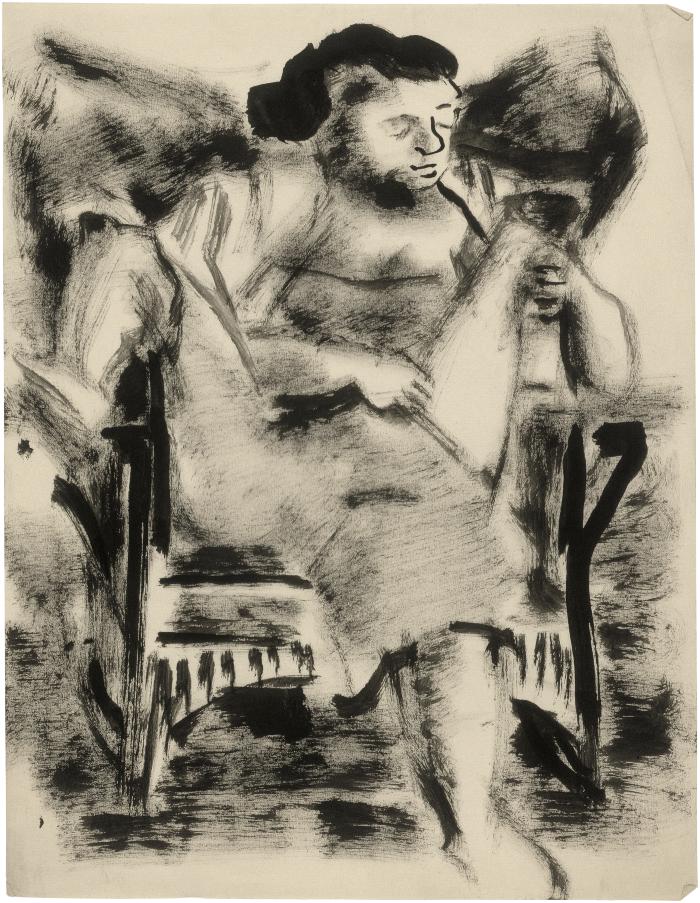 [Seated woman in wingback rocking chair reading]