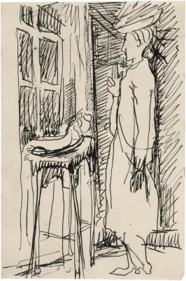 [Woman standing by window]