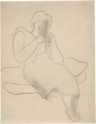 [Woman seated with eyeglasses knitting]