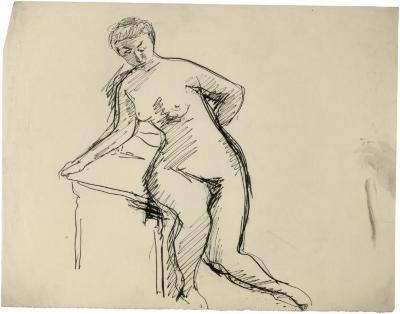 [Female nude leaning on chair]