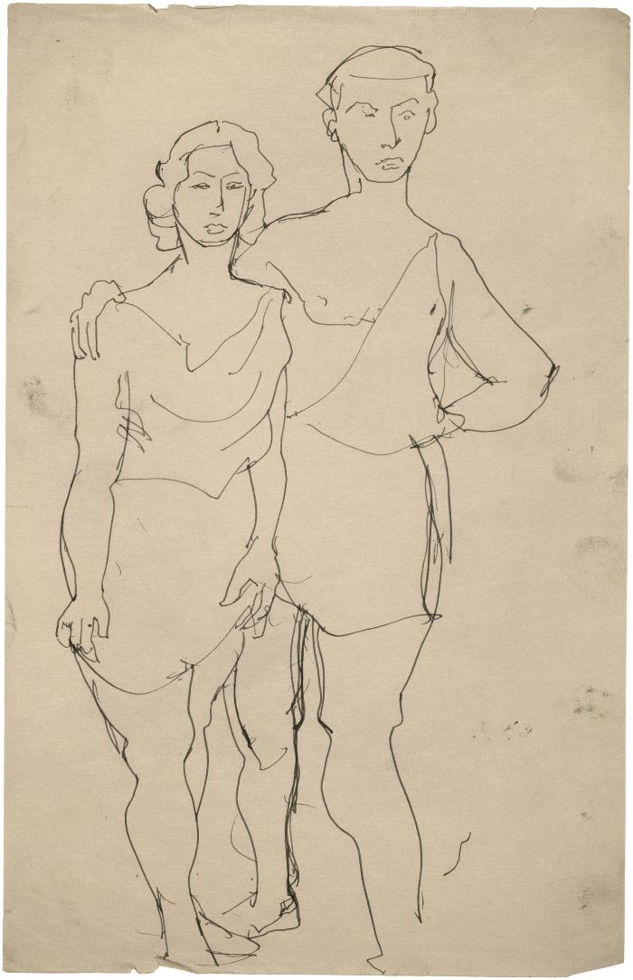 [Standing couple wearing togas]