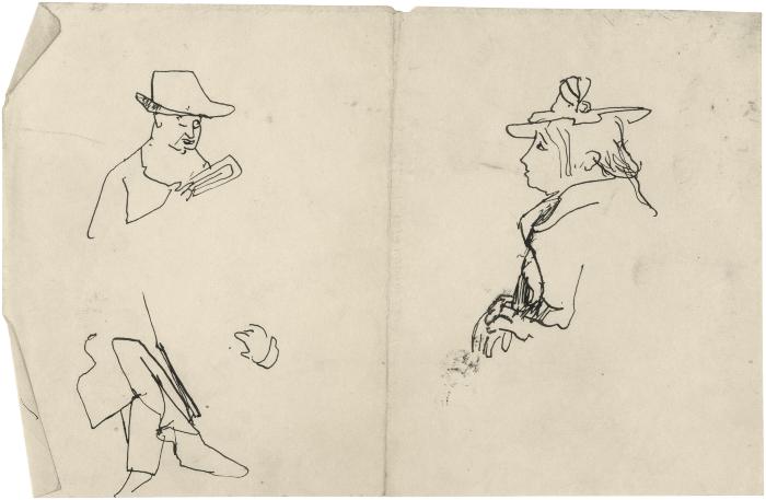 [Bust of a reading man / crossed lower legs / bust of woman]