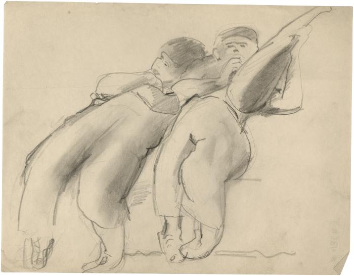 [Two reclining boys, one with mandolin]
