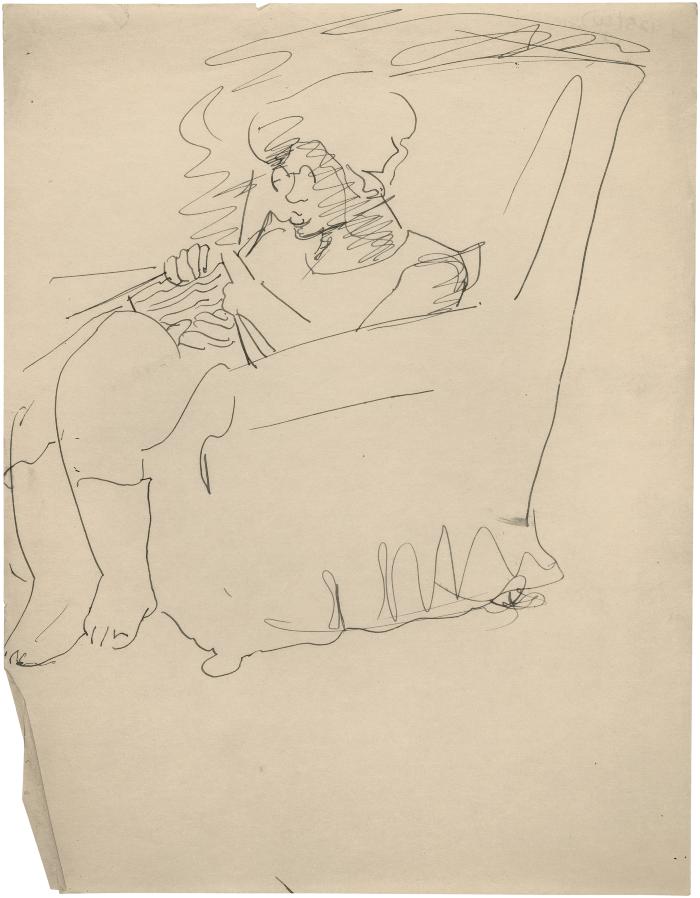 [Woman in armchair knitting]