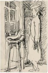 [Woman standing by window]