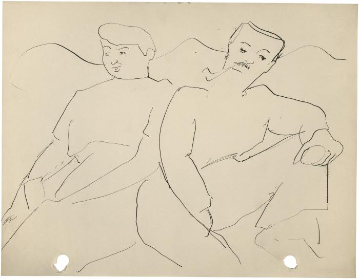 [Seated woman and man]