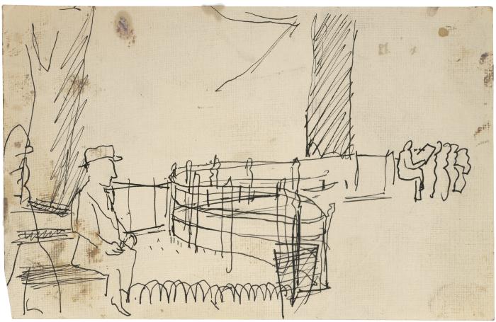 [Figures on park benches]