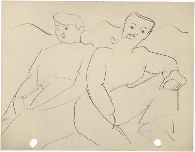 [Seated woman and man]