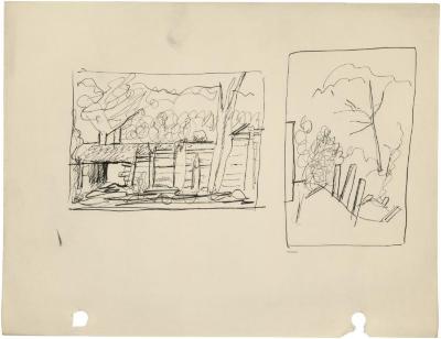 [Farm building / trees with fence posts]