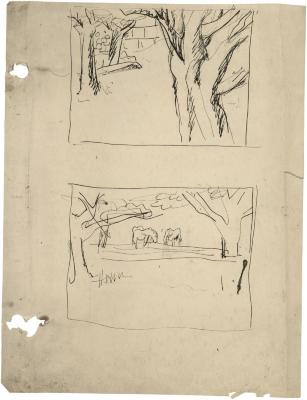 [Trees and fence / two horses]