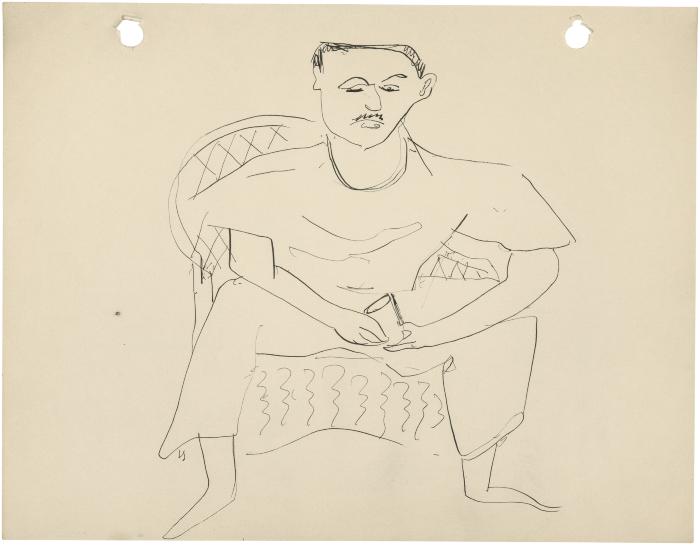 [Man in wicker chair]