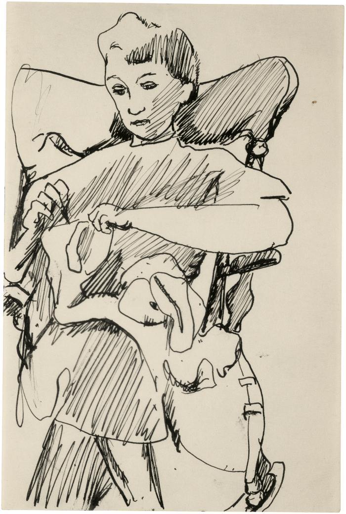 [Woman in rocking chair sewing]