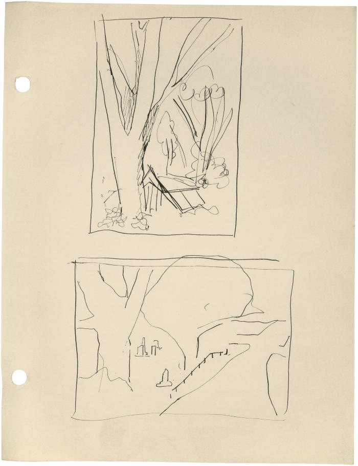 [Trees and building / landscape with trees and path]