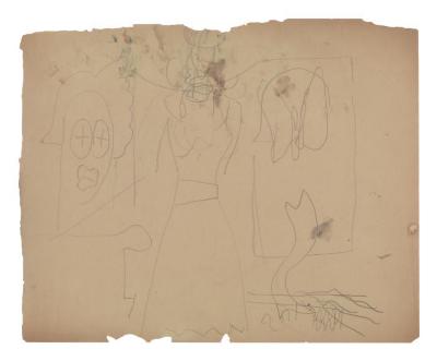 [Standing woman in interior with sculptures]