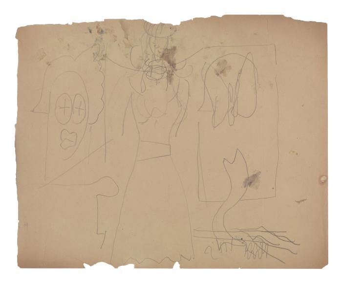 [Standing woman in interior with sculptures]