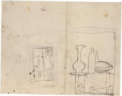 [Still life with vase and bottle / standing nude in doorway]
