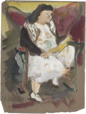 [Seated woman in wingback rocking chair reading]