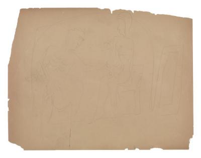 [Seated male nude and female nude in chair]