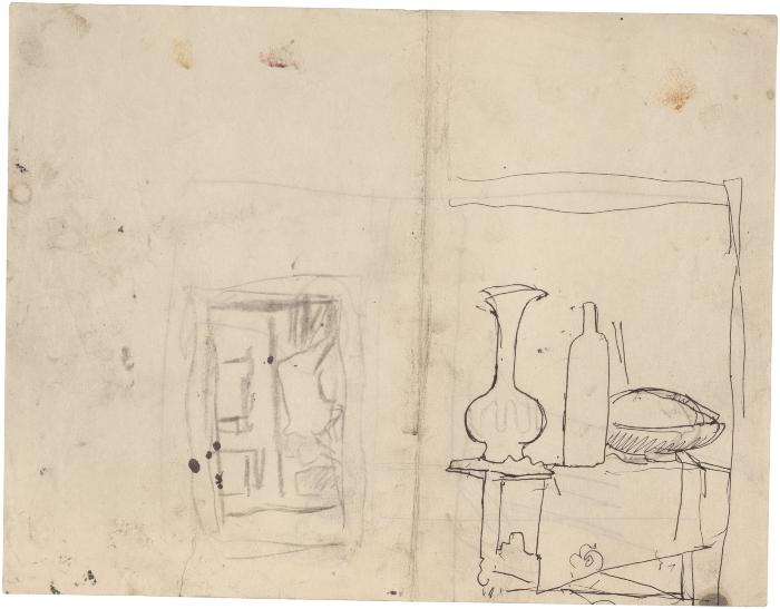 [Still life with vase and bottle / standing nude in doorway]