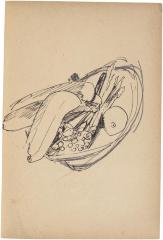 [Bowl of bananas and asparagus] The Scribble-In Book, page 21