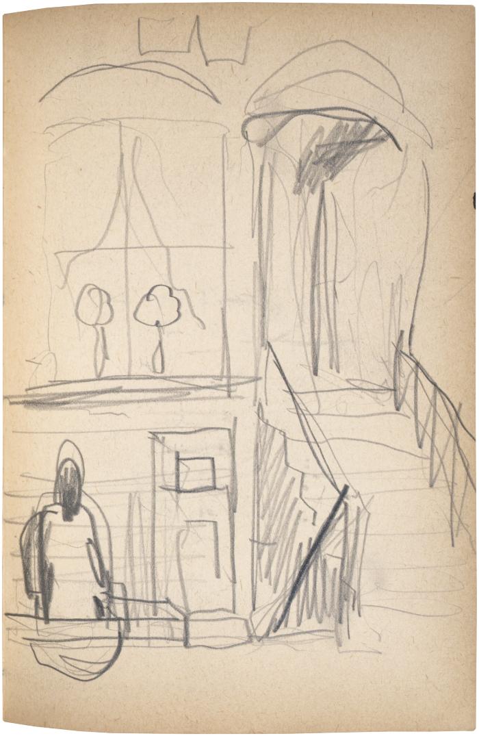 [Figure outside building] The Scribble-In Book, page 105