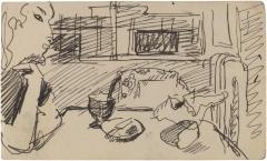 [Interior with woman seated at table]