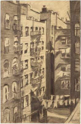 [Apartment buildings with fire escapes]